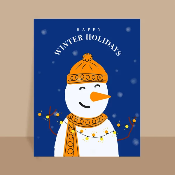 Frohe Winterferien Grußkarte Mit Netten Schneemann Und Lichtergirlanden Auf Blauem — Stockvektor