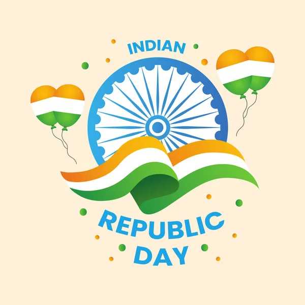 Indian Republic Day Celebration Concept Ashoka Wheel Balloon Wavy Flag — Stock Vector
