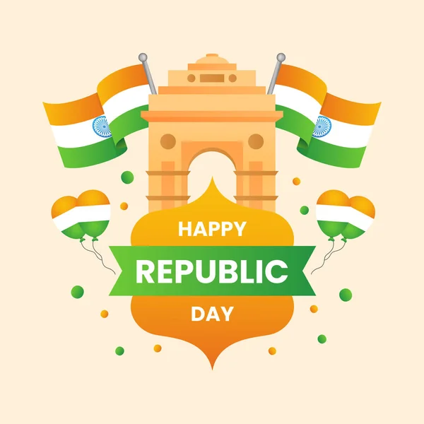 Happy Republic Day Font Indian Gate Flags Tricolor Balloons Decorated — Stock Vector