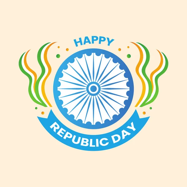 Happy Republic Day Text Wavy Tricolor Ribbon Και Ashoka Wheel — Διανυσματικό Αρχείο