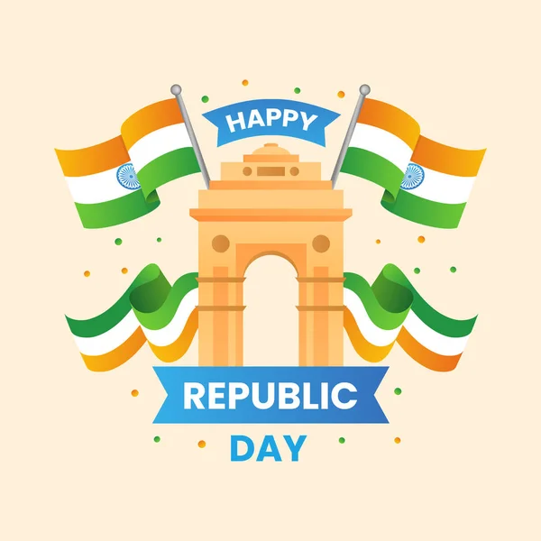 Happy Republic Day Text India Gate Wavy Flags Peach Background — Stock Vector