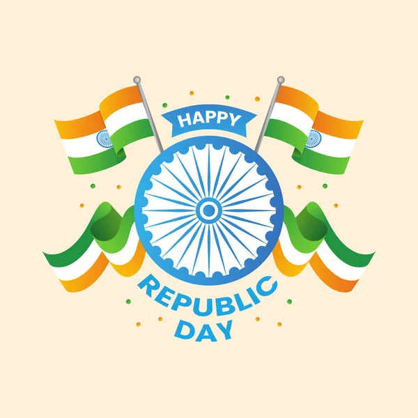 2015 Happy Republic Day Text Flags Ashoka Wheel Peach Background — 스톡 벡터