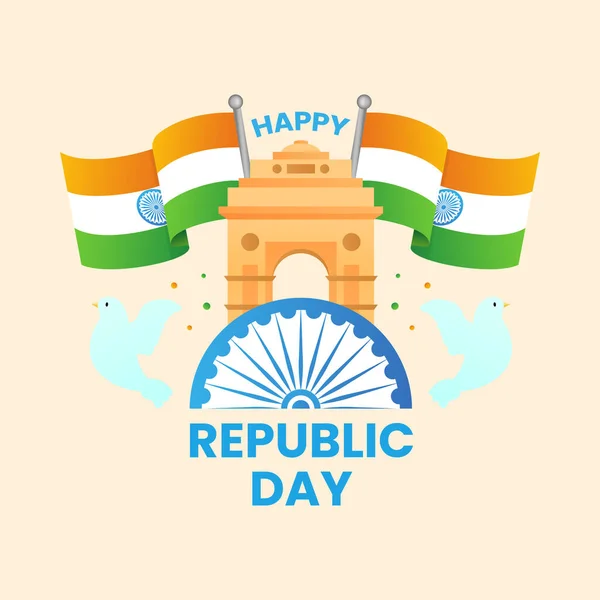 Happy Republic Day Tekst India Gate Flagi Pół Koła Ashoka — Wektor stockowy
