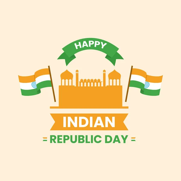 幸せな共和国の日のお祝いのコンセプトのための桃の背景にインドの旗と孤立した赤の砦シルエット — ストックベクタ