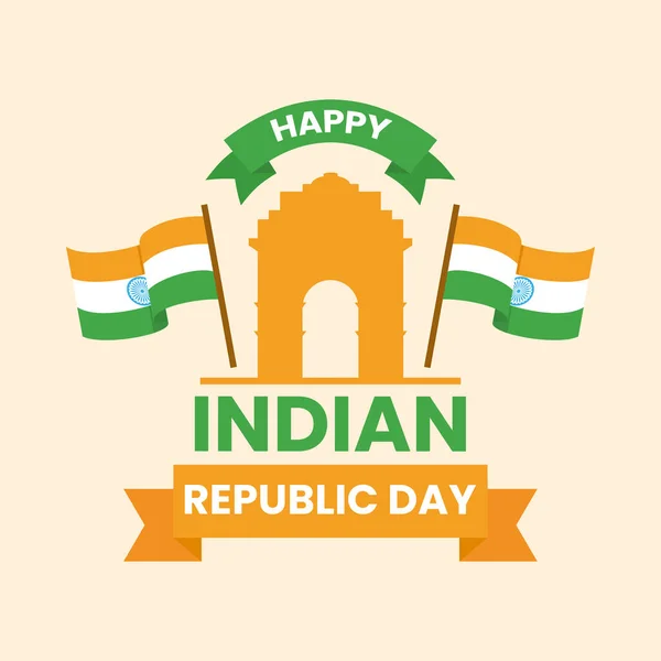インド門のシルエットと旗を背景にした幸せなインド共和国の日のテキストインドの国家祭のお祝いのコンセプト — ストックベクタ