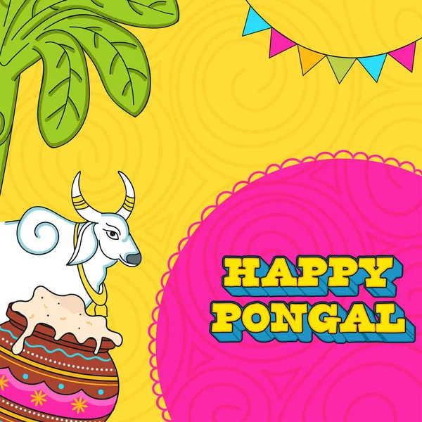 Happy Pongal Font Bull Animal Tradycyjne Danie Clay Pot Drzewo — Wektor stockowy