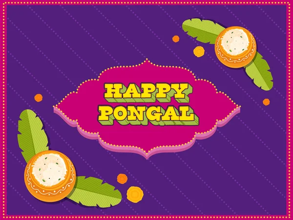 Happy Pongal Font Vintage Frame Com Vista Superior Arroz Pongali — Vetor de Stock