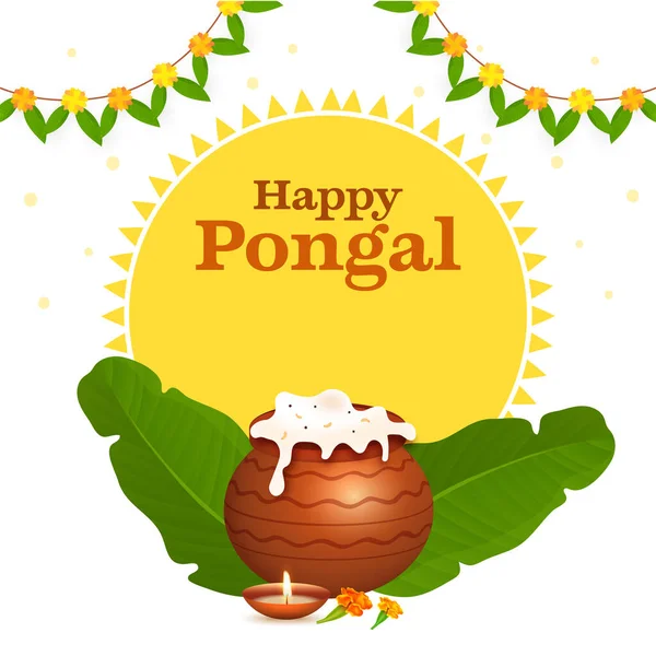 ポンガリ米と軽油ランプ Diya バナナの葉 花のガーランド Toran でいっぱいの泥鍋で幸せなポンガルお祝いのコンセプト黄色と白の背景 — ストックベクタ
