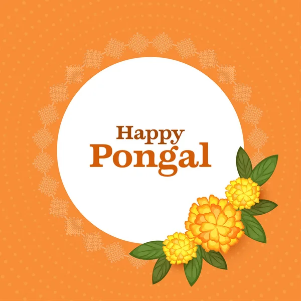 Happy Pongal แบบอ กษรบนกรอบส ขาวกลมด วยส กษณ Kolam ดอกไม Marigold — ภาพเวกเตอร์สต็อก