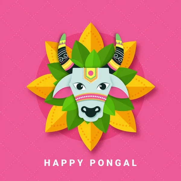 Happy Pongal Celebration Onnittelukortti Paperilla Leikkaa Bull Face Flower Vaaleanpunainen — vektorikuva