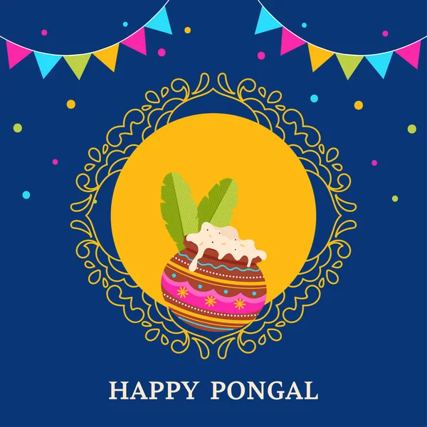 Happy Pongal Celebration Grußkarte Mit Traditionellem Gericht Tontopf Bananenblättern Flaggen — Stockvektor