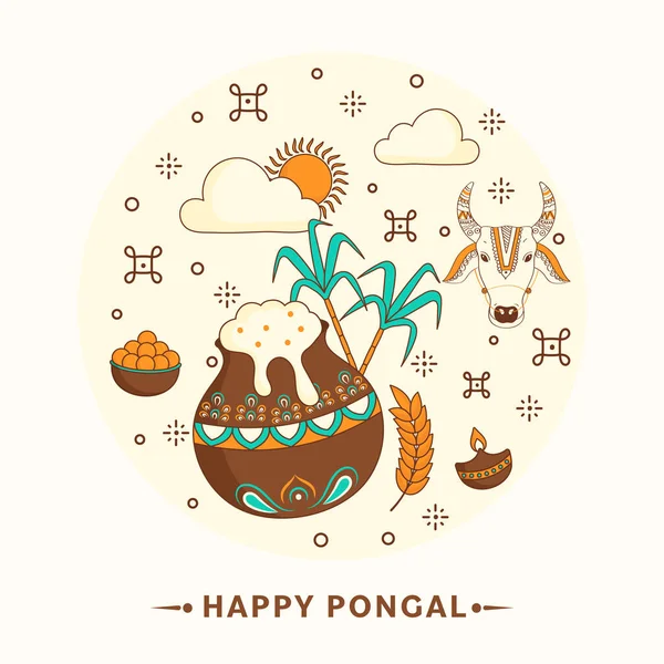 Happy Pongal Celebration การ ดอวยพรท องค ประกอบเทศกาลแบนตกแต งบนพ นหล ขาว — ภาพเวกเตอร์สต็อก