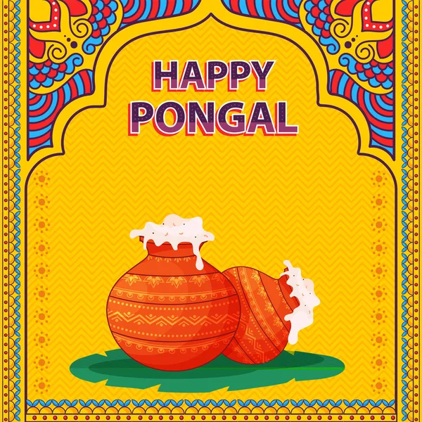 Happy Pongal Celebration Grußkarte Mit Pongali Reis Tontöpfen Über Bananenblatt — Stockvektor