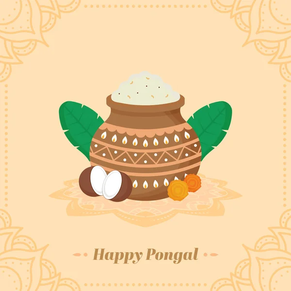Happy Pongal Celebration Grußkarte Mit Schlammtopf Voller Reis Kokosnuss Bananenblättern — Stockvektor