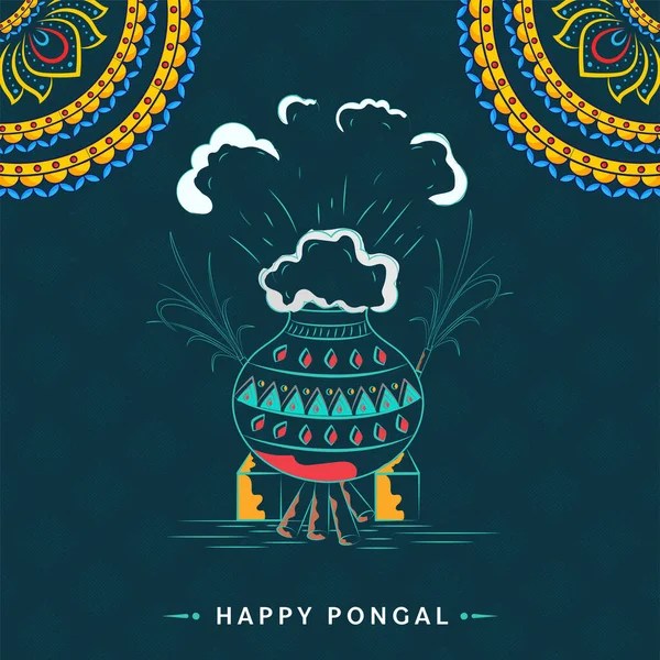 Happy Pongal Celebration Concept Doodle Cooking Pot Firewood Sugarcanes Mandala — Vector de stock