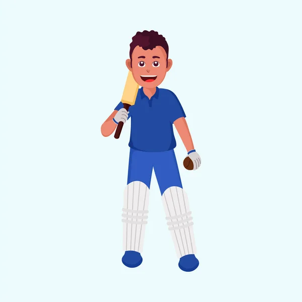 クリケットバットマンホールディングバットとボールの肖像 Blue Backage — ストックベクタ