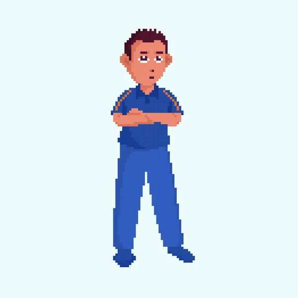 Pixel Effect Portré Cartoon Cricket Player Álló Pasztell Kék Háttér — Stock Vector