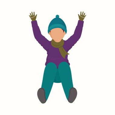 Beyaz arka planda yukarı kaldırılmış yün giysiler giyen yüzsüz genç çocuk..