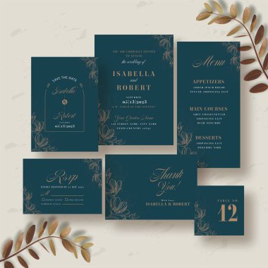 Gri Arkaplana Karşı Mavi Renkli Düğün Davetiyesi.