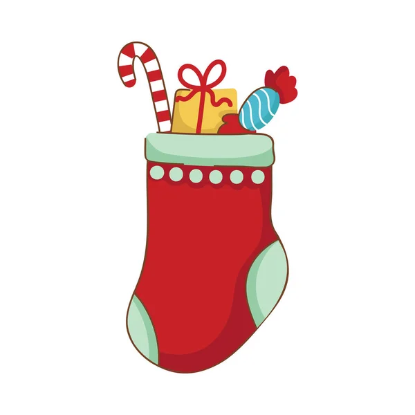 Flache Weihnachtssocke Voller Zuckerstangen Mit Geschenkbox Kaffee Auf Weißem Hintergrund — Stockvektor