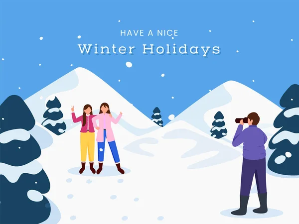 Haben Sie Ein Schönes Winterurlaub Konzept Mit Cartoon Male Fotograf — Stockvektor