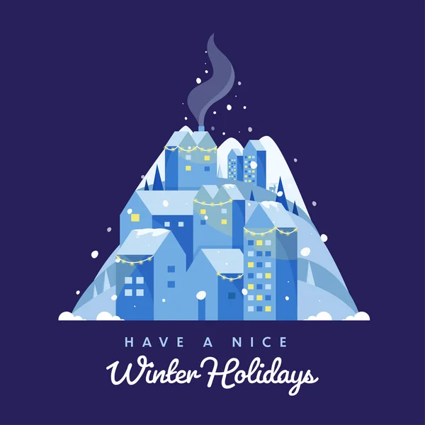 Haben Sie Einen Schönen Winterurlaub Schrift Mit Schnee Wohnkamin Haus — Stockvektor