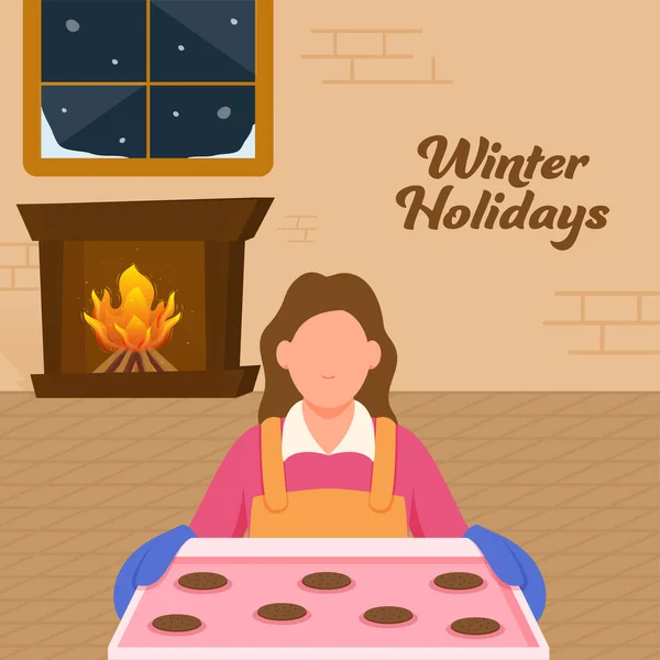 Winter Holidays Poster Design Faceless Kobieta Baker Presenting Cookies Taca — Wektor stockowy