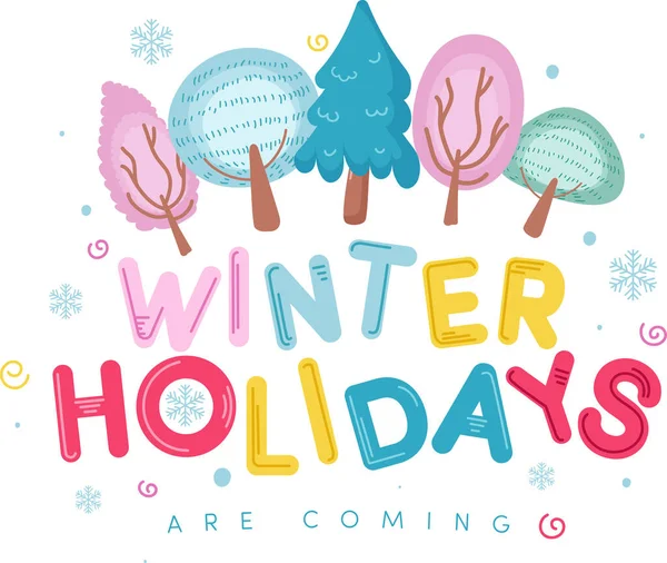 Colorful Winter Holidays Stanno Arrivando Font Con Albero Creativo Fiocchi — Vettoriale Stock