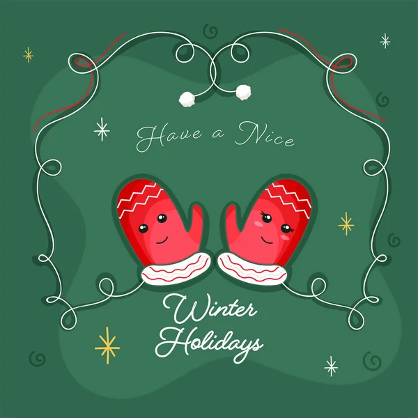 Weihnachtsgrußkarte Mit Cartoon Handschuhen Vor Grünem Hintergrund — Stockvektor