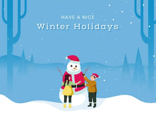 Winter Holidays Concept Cartoon Kids Standing Snowman White Blue Snow — Stock Vector