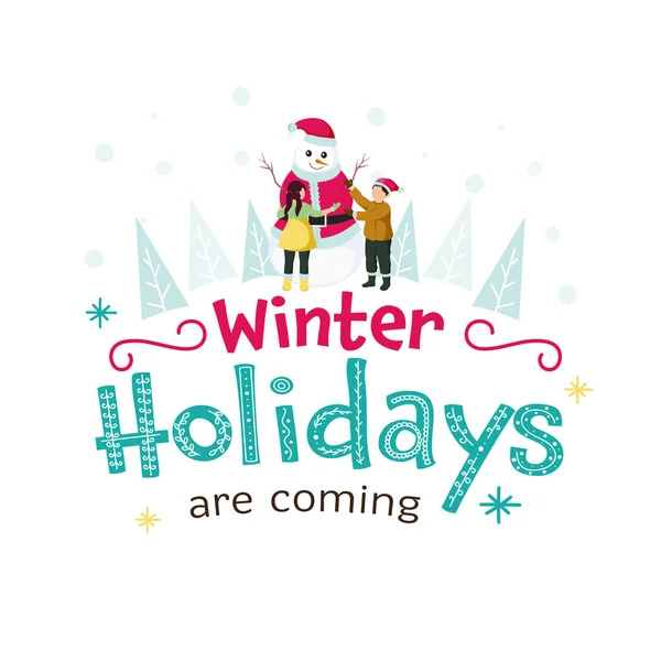Winter Holidays Coming Font Cartoon Snowman Faceless Kids Woolen Clothes - Stok Vektor