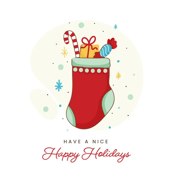 Frohe Feiertage Grußkarte Mit Socke Voller Zuckerrohr Geschenkbox Und Kaffee — Stockvektor