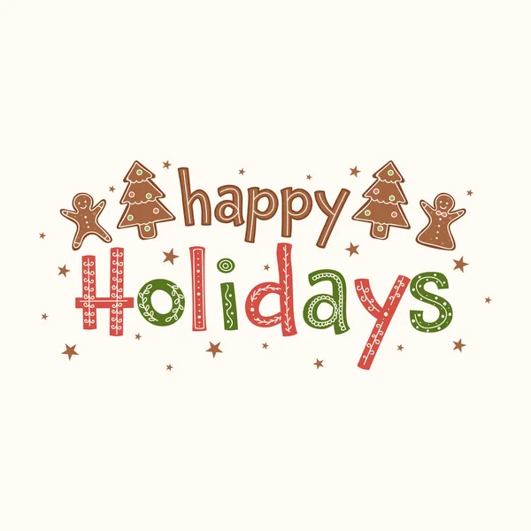 五彩缤纷的圣诞佳节短信与姜饼人 圣诞树做饭 星光点缀在白色背景上 — 图库矢量图片