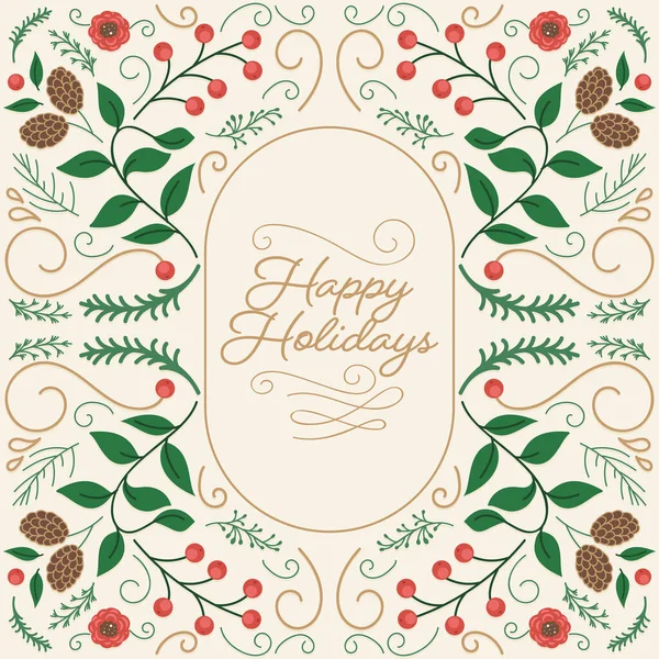 Happy Holidays Lettering Background Decorated Berry Flowers Fir Leaves Pine — Stock Vector