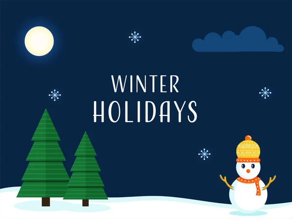 かわいい雪だるま 紙のクリスマスツリー 満月の青と白の背景に雪の結晶と冬の休日のポスターデザイン — ストックベクタ
