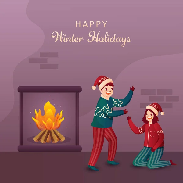 Happy Winter Holidays Poster Design Con Allegri Bambini Abiti Lana — Vettoriale Stock