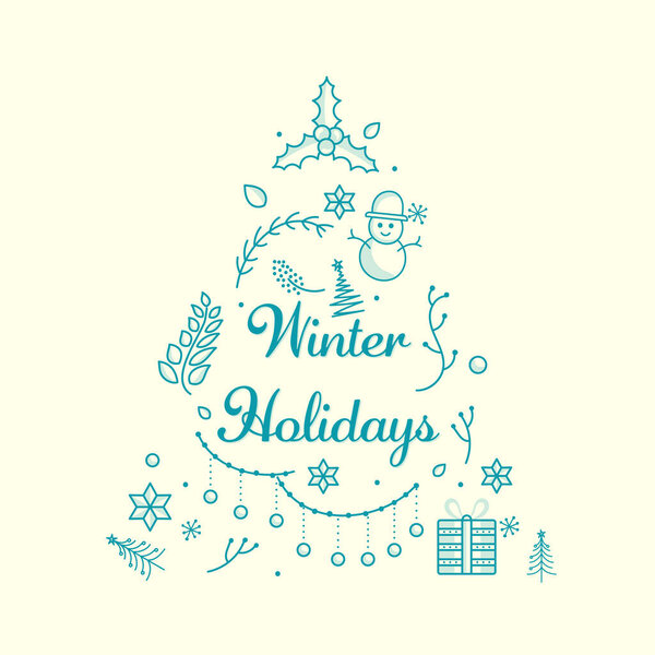 Winter Holidays Font With Doodle Xmas Tree Made By Festival Elements On White Background.
