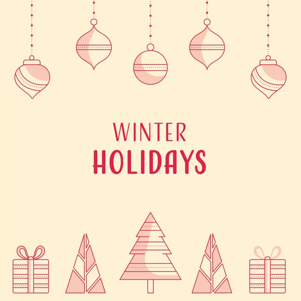 レッドドアクリスマスツリー ギフトボックスとバブルが付いている冬の休日はパステルイエローの背景にかかっています — ストックベクタ