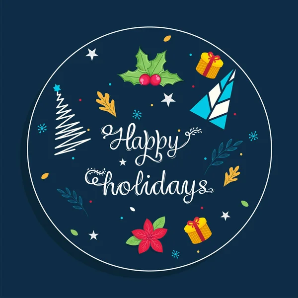 Happy Holidays Lettering Xmas Festival Elements Circular Frame Blue Background — Stock Vector