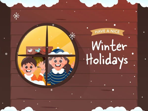 Happy Winter Holidays Poster Design Cheerful Kids Looking Window Snow — Stock Vector