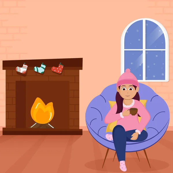 漫画の若い女の子は桃と茶色の背景にアーチ暖炉付きソファでお茶やコーヒーを飲む — ストックベクタ