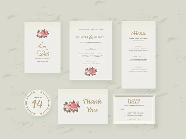 Editable Wedding Invitation Suite Rose Floral Beige Grunge Background — Stock Vector