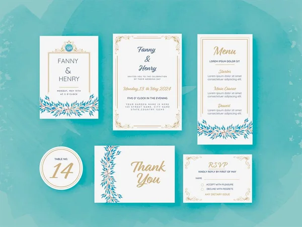 Editable Wedding Invitation Suite Tegen Turquoise Aquarel Borstel Effect Achtergrond — Stockvector