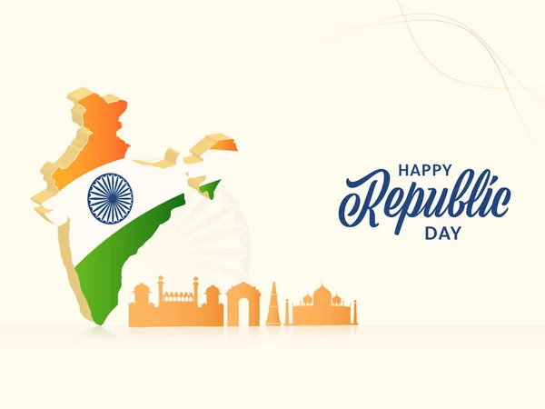 国民の旗とシルエットで3Dインドマップと幸せな共和国の日のコンセプト白の背景にインドの有名な記念碑 — ストックベクタ