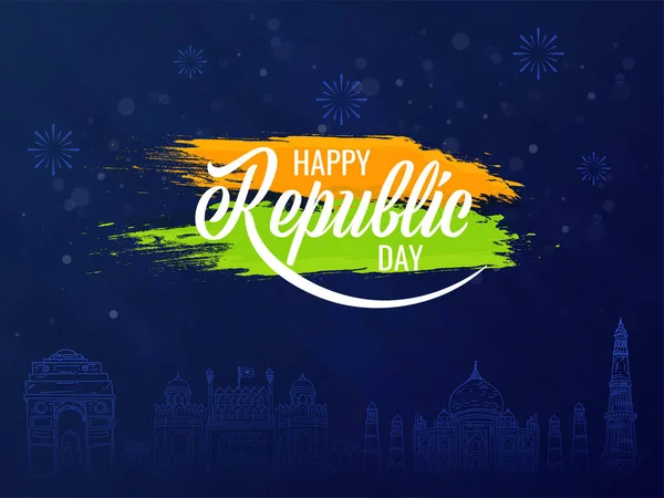Happy Republic Day Font Brush Stroke Effect Doodle India Famous — Stock Vector