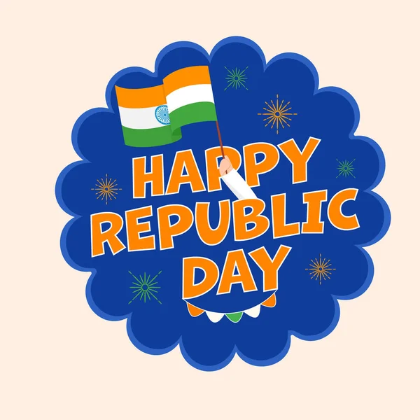 インドの旗 青とパステルピンクの背景に対する花火と幸せな共和国の日のテキスト — ストックベクタ