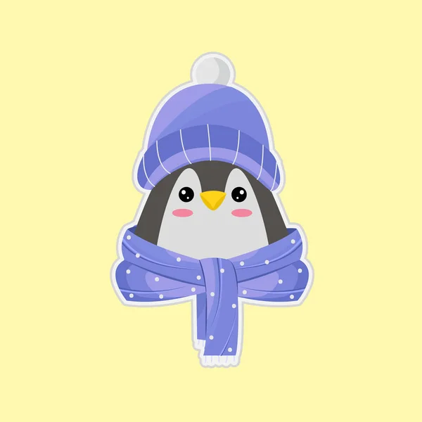 Leuke Pinguïn Hoed Met Sjaal Gele Achtergrond — Stockvector