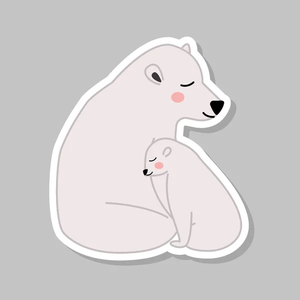 Белый Медведь Стиле Стикера Обнимает Ребенка Сером Фоне — стоковый вектор
