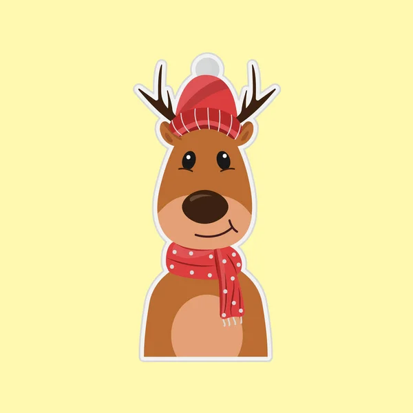Cute Reindeer Santa Hat Scarf Yellow Background — Stock Vector