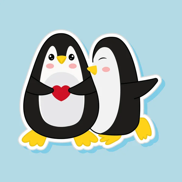 Kissing Penguin Heart Blue Background Sticker Style — Stock Vector